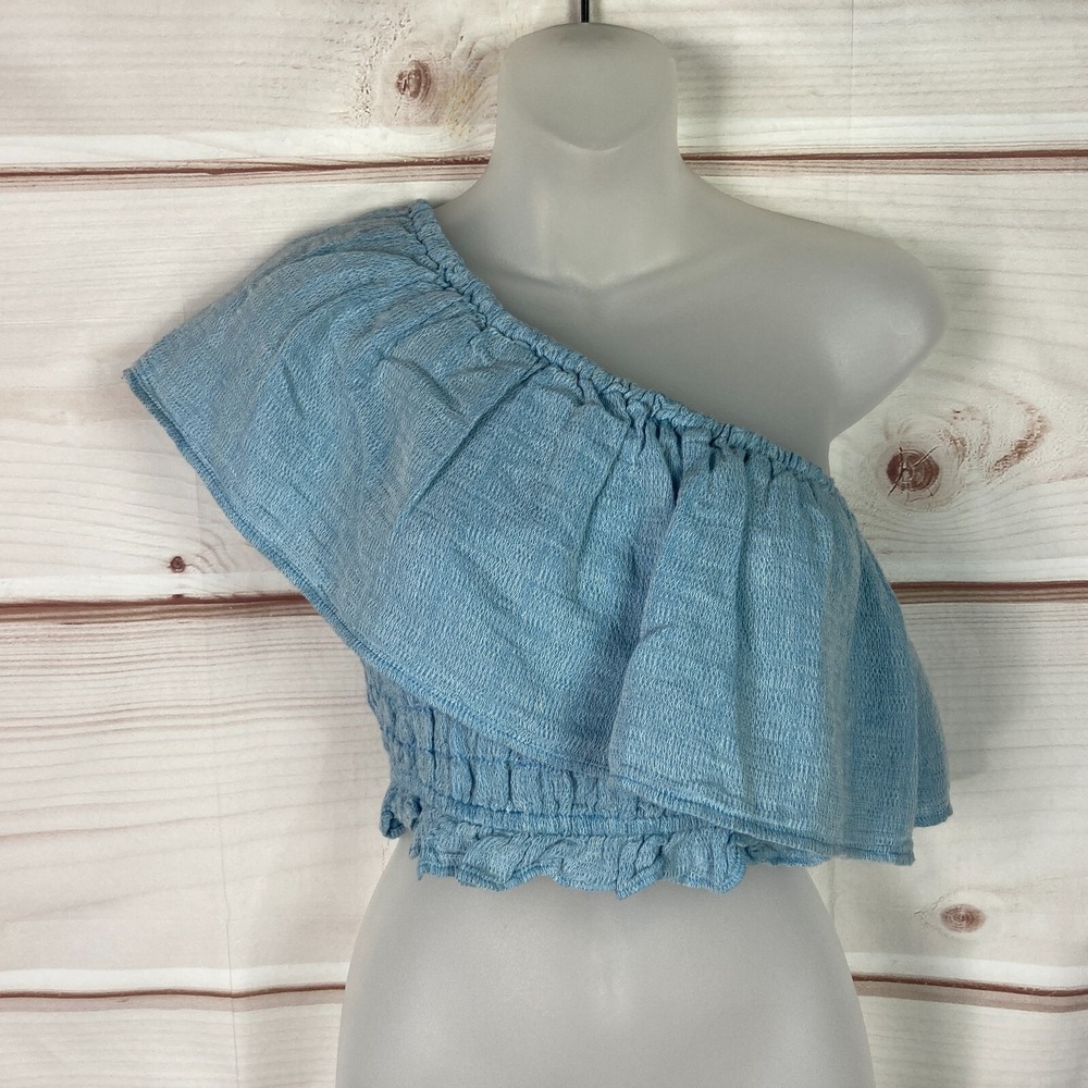 American Eagle Top Womens XS Blue One Shoulder Ruffle Blouse Crop Gauze Cotton